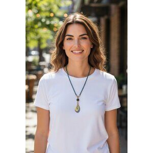 Layered Pendant Necklace With Green Braided Cord & Mixed Metal Accents By LC